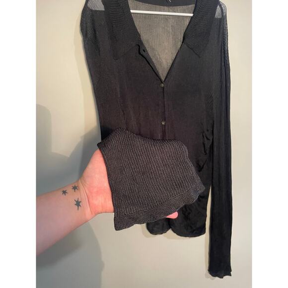 Free People Black Sheer Ribbed Slinky Button Down Long Sleeve Top - Picture 5 of 12